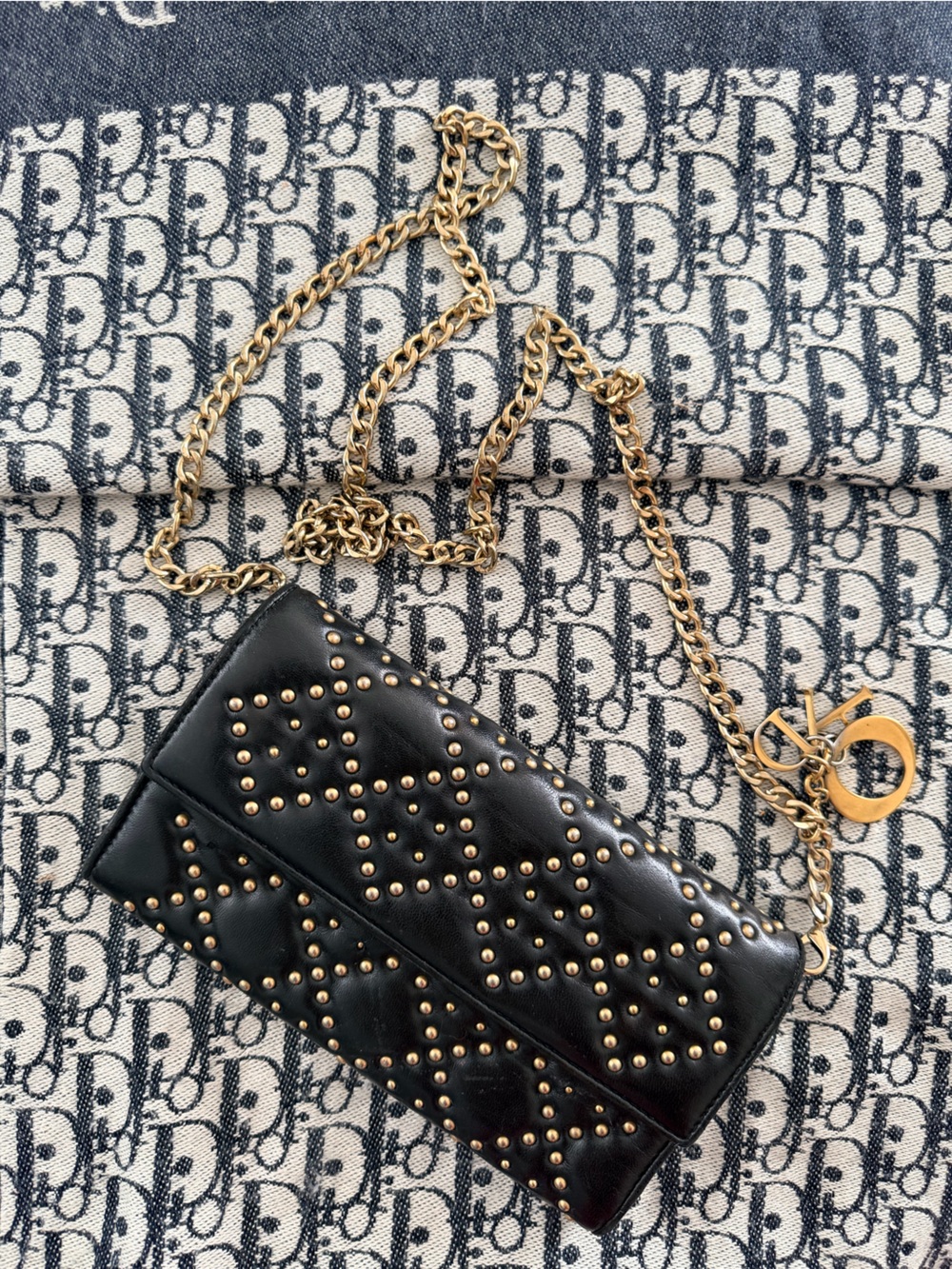 Dior Black Leather Mini Chain Wallet with Gold Studs